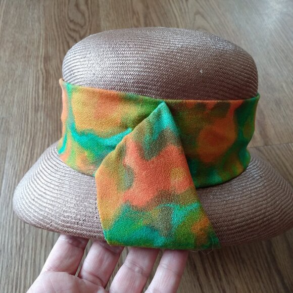 Vintage Taupe Straw Hat Tropical Orange Green Sash Sunhat Front Brim Rockabilly - Picture 7 of 12
